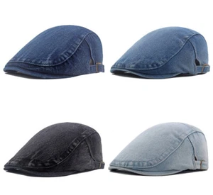 Men Solid Plain Color Denim Casquette Golf Peaked Cap Gatsby Cabbie Ivy Flat Hat - Picture 1 of 11