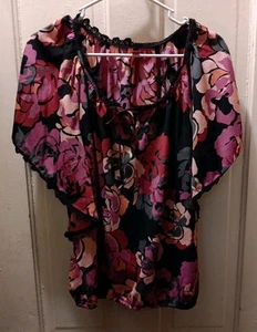 Elle Blouse Women Size Large Black Pink Floral Flutter Sleeve Elastic Waist  - Picture 1 of 11