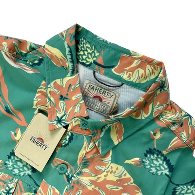 Faherty Shorelite Air Men’s Large Performanace Shirt Floral Teal Vented Back NWT - Image 1 of 4