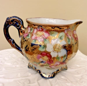 Antique Creamer Floral Footed Hand Painted Porcelain Gold Gilt Cobalt Blue - Picture 1 of 8