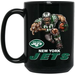 New York Jets Logo Spieler Maskottchen schwarz 15 Unzen Keramik Kaffeebecher Tasse - Bild 1 von 3