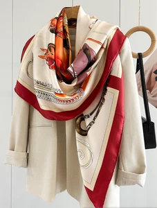100% Twill Silk Scarf Neckerchief Shawl 53'' Bandana Junqi Huazhang Print wrap  - Picture 1 of 4