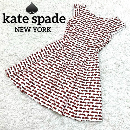 Abito Kate Spade Auto Stampa All Over Linea A Svasato Corsa Rosso Bianco Taglia M