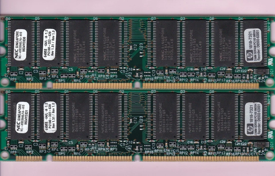 128MB 2x64MB PC-100 NEC MC-458C8646LFA-A10 HP 1818-7321PC100 SDR 8Mx64 RAM Kit - Image 1 of 2