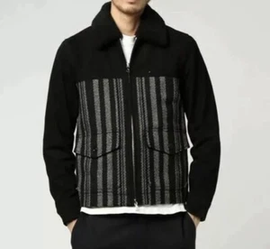 Pretty Green Mens Contrast Leather and Wool Jacket Black - black label RRP £400 - Picture 1 of 6