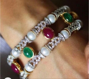 Runde Perle weiß CZ Oval Rubin Grün Smaragd Armband für ihren Vintage Stil - Bild 1 von 6