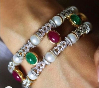 Runde Perle weiß CZ Oval Rubin Grün Smaragd Armband für ihren Vintage Stil - Bild 1 von 4