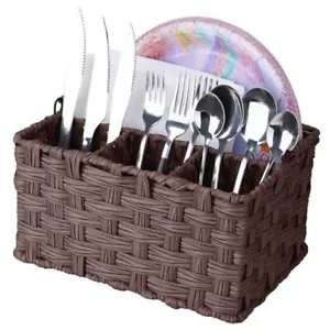 Wicker Flatware Basket with Four Compartments, Handwoven Imitation Brown - Picture 1 of 8