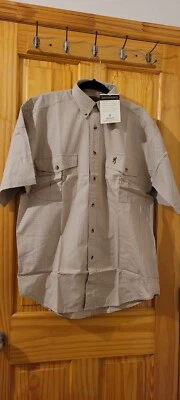 Browning Shooter Shirt Mens Beige Solid Khaki Padded Shoulder Vented Size M - Image 1 of 4