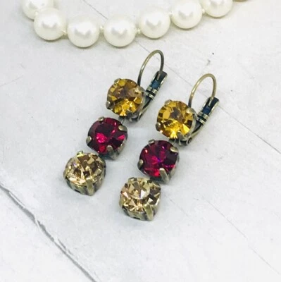 Fall Colors Burgundy Triple Stone Earrings, Autumn Colors Golden Shadow Crystal - Image 1 of 4