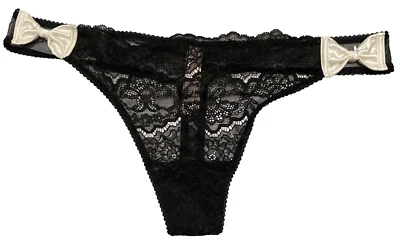 Bragas de tanga Victoria's Secret Dream Angels negras de encaje y malla blancas con lazo de satén XL Foto 1 de 4