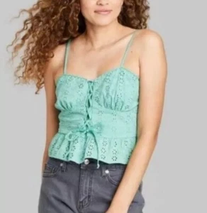 Wild Fable Large Aqua Green Lace Up Eyelet Corset Tank Top Peplum Cropped Boho - Picture 1 of 12