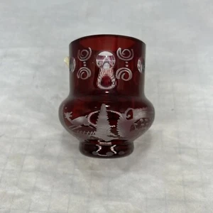 Egermann Czech Bohemian Etched Glass Ruby Red Cut To Clear 3" Vase Stag Bird - Picture 1 of 6