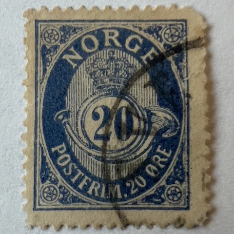 1893 NORWAY 20 ORE STAMP #53, BLUE RINGS AROUND "20" ARE MISSING INK Cover