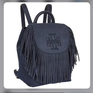 Tory Burch Harper fringe mini backpack suede leather deep blue magnetic logo - Picture 1 of 14