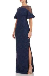 NEW JS COLLECTIONS Janessa Floral Mesh COLUMN GOWN SIZE 8 $268 NAVY NORDSTROM - Picture 1 of 4