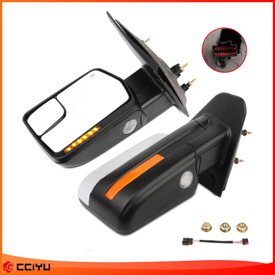 Par de espejos retrovisores de remolque cromados con señal de luz de charco térmico eléctrico para Ford F150 2004-14 Foto 1 de 4