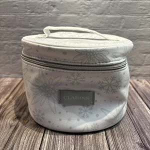 Clarins Make Up Cosmetics Toiletries Bag White Grey Winter Mirror Bucket BNWOT - Picture 1 of 6