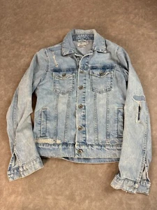 Topman Womens Classic Fit Distressed Button Up Pockets Blue Denim Jean Jacket XS - Picture 1 of 9