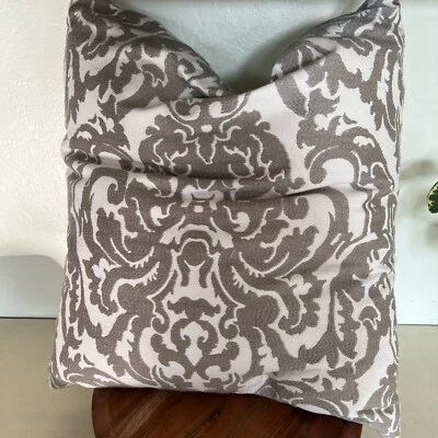 Classic One Sided Decorative Damask Throw Pillow 18x18 White Gray Taupe - Image 1 of 3