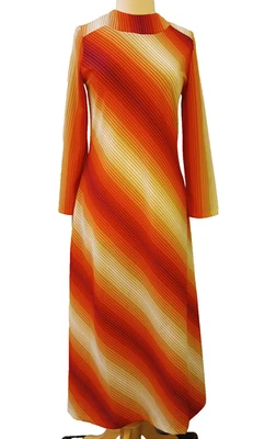 Maxi vestido retro vintage hecho a mano años 70 rayas M mangas largas cuello alto cremallera Foto 1 de 4