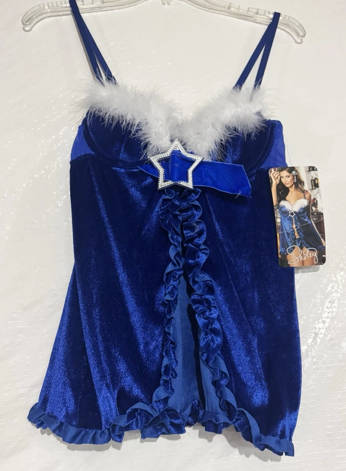 全新 复古 2 件装 好莱坞 Shirley Sm 皇家蓝色天鹅绒/白色羽毛迷彩/丁字裤 — 第 1/4 张图片