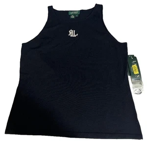 Lauren Ralph Lauren NWT Womens Tank Top  Black Silk Blend Large Embroidered LRL - Picture 1 of 9