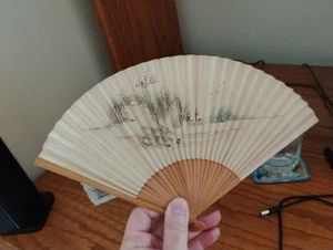 Antique Chinese Bamboo Fan 7.25 Long & 12" at Widest Pastoral Scene NICE! READ - Picture 1 of 6