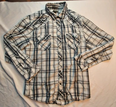 Camisa Helix Para Hombres XL Bordada con Botones Manga con Pestaña Enrollable Negra Occidental a Cuadros Foto 1 de 4