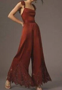 By Anthropologie Jumpsuit Womens UK 20 Brown Satin Floral Lace Boho Gypsy Plus - Picture 1 of 24