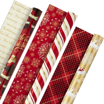 Hallmark Christmas Wrapping Paper Rolls - Red and Gold Santa, 3 Pack  - Image 1 of 4