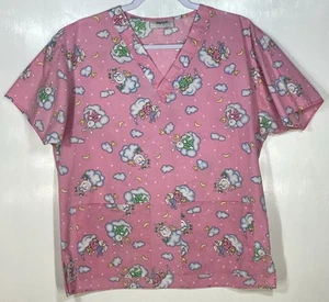 Spring Scrub Top womens size M Medium Easter Bunnies clouds moon stars pjs Pink - Picture 1 of 3