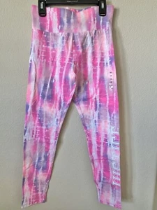 Justice Pink Tie Dye Sparkle Logo High Waist Full Length Leggings Size 12 - Picture 1 of 6