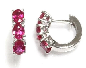 1.5 ctw Natural Red Ruby Solid 14k White Gold Huggie 3 Stone Hoop Earrings 15 MM - Picture 1 of 4