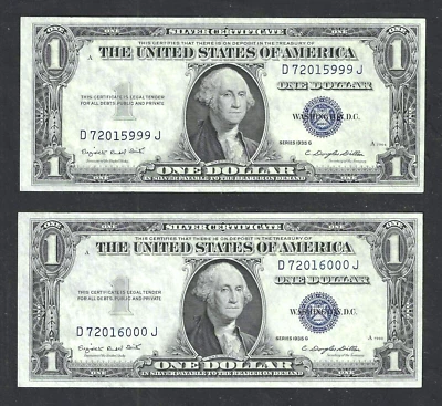 1935-G WITH MOTTO $1 SILVER CERTIFICATE~ CONSECUTIVE PAIR GEM CRISP UNCIRCULATED - Image 1 of 2