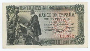Spain España 5 Pesetas 1945 Pick 129.a XF+ Circulated Banknote No Letter - Picture 1 of 2