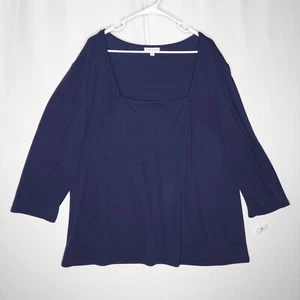 Top Ophelia Roe para mujer 3X azul manga 3/4 cuello cuadrado elástico tejido acanalado - Imagen 1 de 9