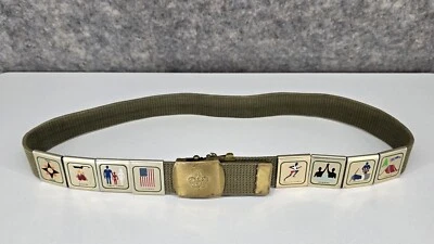 Boy Scout Green Adjustable Belt w/8 Slide Badges Brass Buckle USA Made Vintage - Image 1 of 4