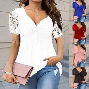 Womens V Neck Lace Short Sleeve T-shirts Ladies Casual Pleated Blouses Tops Tees - Picture 1 of 17