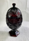 Vintage Ruby Red Glass Pedestal Egg Shaped Covered Candy Dish with Lid