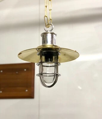 Nautical Home Decor Vintage Solid Aluminum Ship Hanging Light with Brass Shade - Image 1 of 4