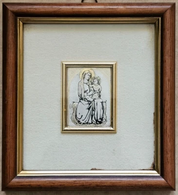 Piccolo Quadro in Miniatura Madonna con Bambino in Lastra Argento 925 e Cornice - Immagine 1 di 4