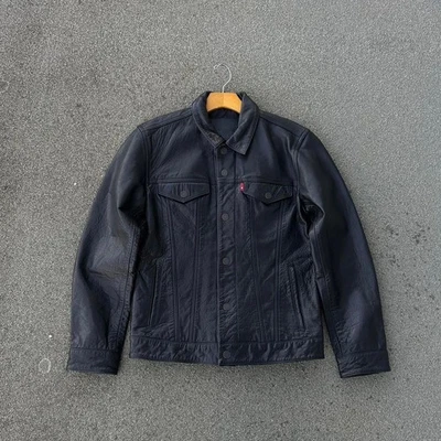 Levi’s Premium Real Buffalo 皮革黑色卡车司机男式夹克,尺寸 M,Big E — 第 1/4 张图片