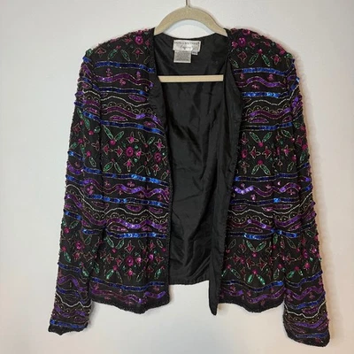 Vtg Papell Boutique Silk Beaded Jacket Womens XL Sequin Blue Purple Evening 90s - Image 1 of 4