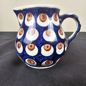 Boleslawiec Vintage Polish Pottery Blue/Brown Dot Milk Pitcher/Creamer-3.25” - Picture 1 of 16