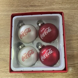 Coca Cola Glass Ball Ornaments Set Of 4 White Red New - Picture 1 of 6