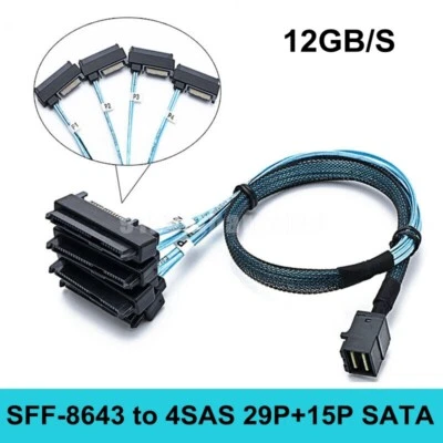 SAS SATA Cable SFF-8643 Internal Mini SAS HD to (4) 29pin SFF-8482 with 15pin 1M - Image 1 of 4
