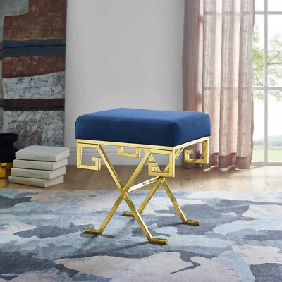 Modway Velvet Upholstered Greek Key Metal Base Ottoman Bench Stool in Gold Navy - Image 1 of 4