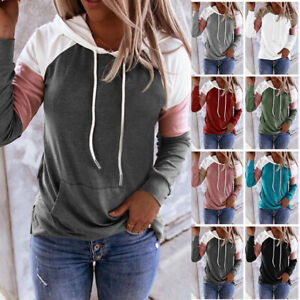 Women Loose Pullover Hoodie Colorblock Sweatshirt Jumper Long Sleeve Casual Tops