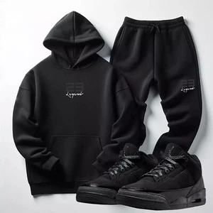Mens Black on Black Sweatsuit To Match Jordan 3 Black Cat Hoodie Joggers 2pc Set - Picture 1 of 5